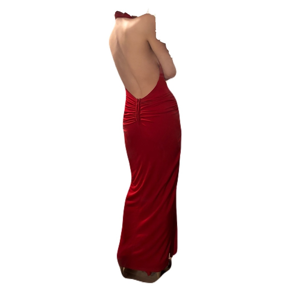 Tadashi Shoji Red Deep V Evening Gown Slit Backless Halter Dress Small - Picture 3 of 6